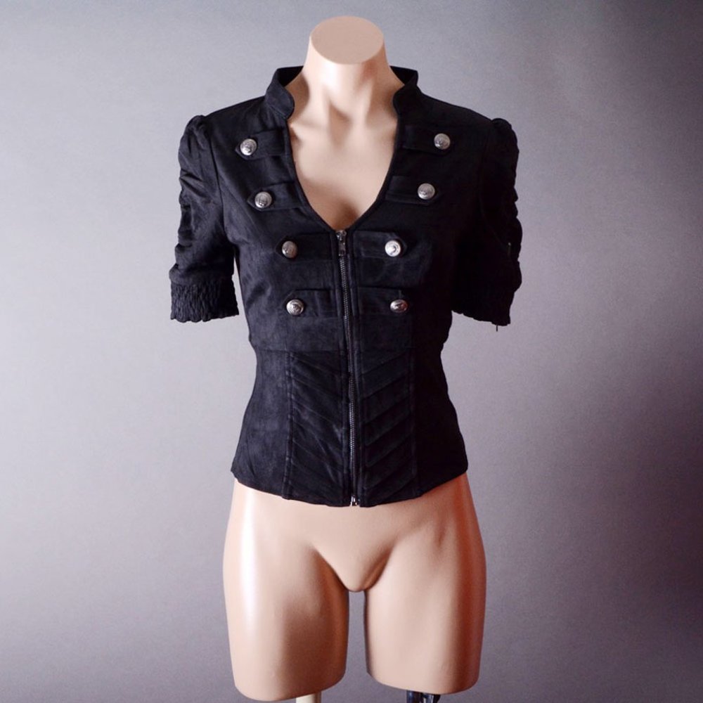 Black Zipper Womens Gothic Steampunk Military Short Sleeve Top Blouse Jacket